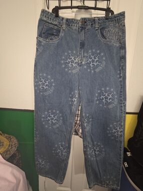 Y2K Men's Monogram Logo Blue Loose Fit Jeans with Printed Motif. Size 36